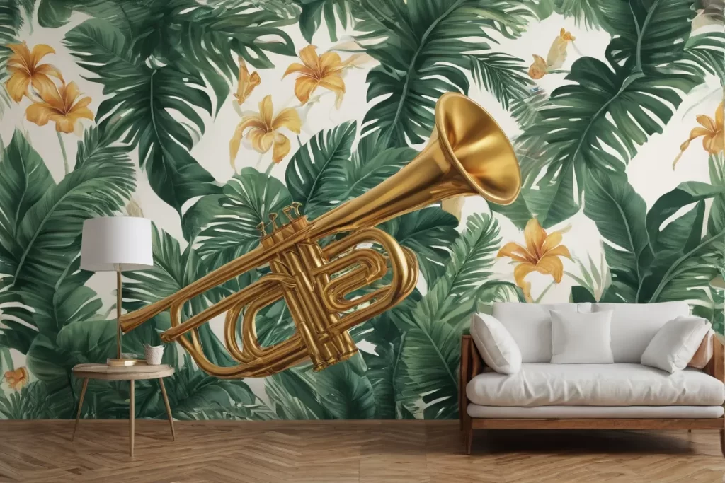 Una pared con papel de jazz tropical con un trompeta dorada