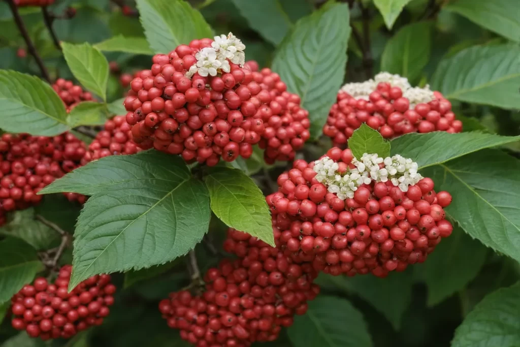Las bayas de viburnum muestran colores vibrantes y usos medicinales históricos. **Translation:** The viburnum berries display vibrant colours and historical medicinal uses