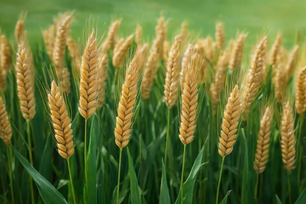 Gránulos de trigo dorados en un fondo verde vibrante