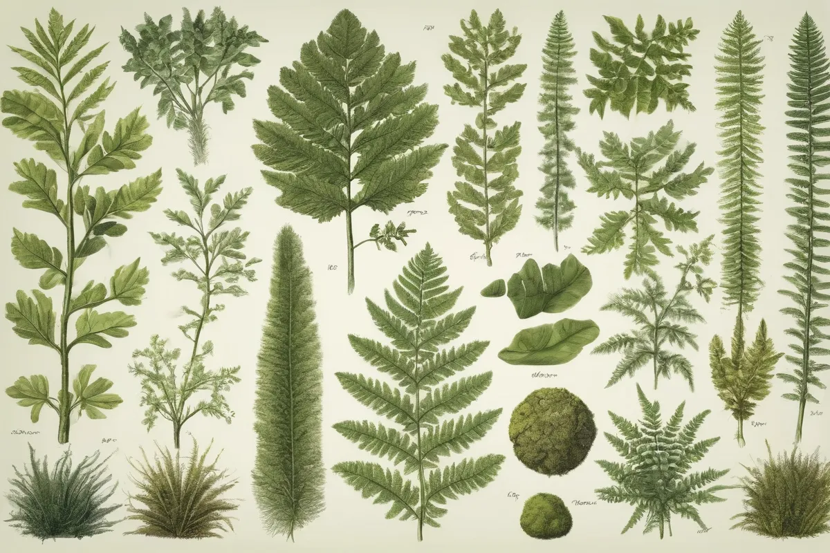 Ilustración abstracta de material genético con diagramas detallados de plantas como musgos y helechos