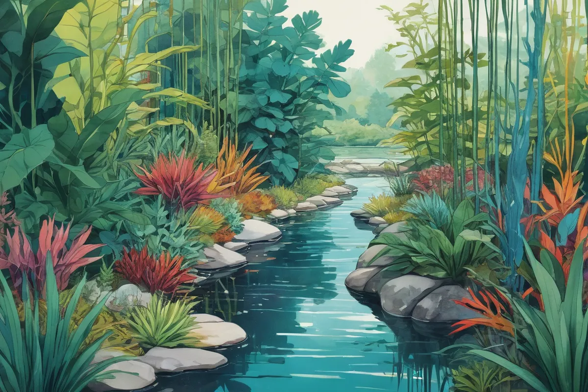 Una ilustración vibrante con tallos de plantas y fuentes