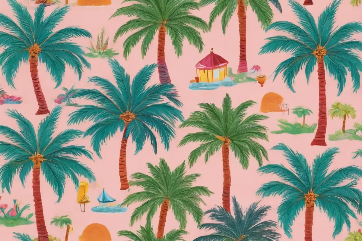 Y los árboles de palmeras con colores vibrantes y detalles fantasiosos. ✨ **Explanation:** This captures the essence of your original description:* **Y los árboles de palmeras con colores vibrantes y detalles fantasiosos:** (And palms trees with bright colors and whimsical details) using Spanish for a compact, elegant phrase