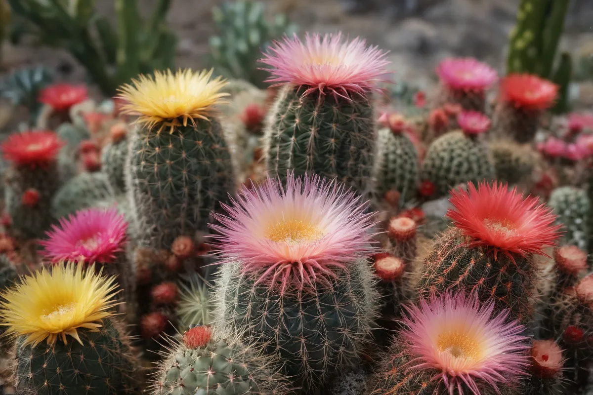 Es un retrato de mimbre con imágenes vibrantes de Mammillaria