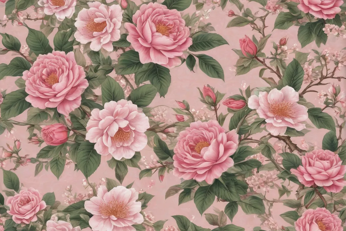 Papel tapiz con rosaes y flores de colores inspiradas en Asia