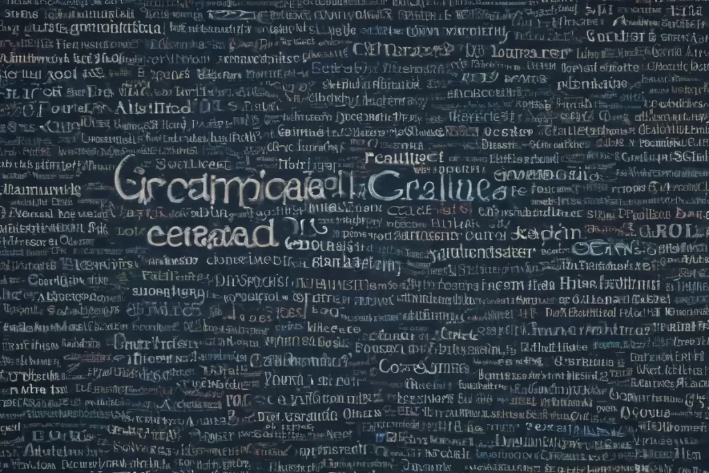 Una pared de papel destaca términos gramaticales como gramática y Bermudas