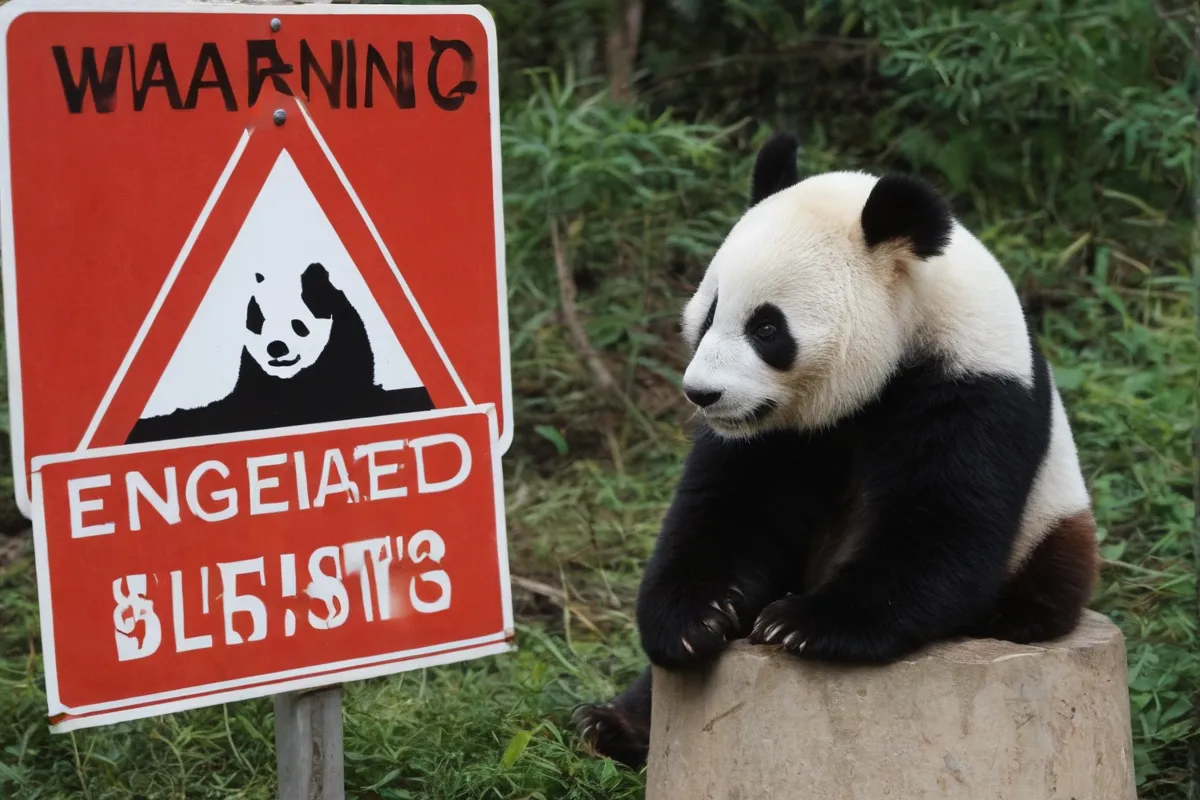 Un panda en peligro crítico con señal de advertencia