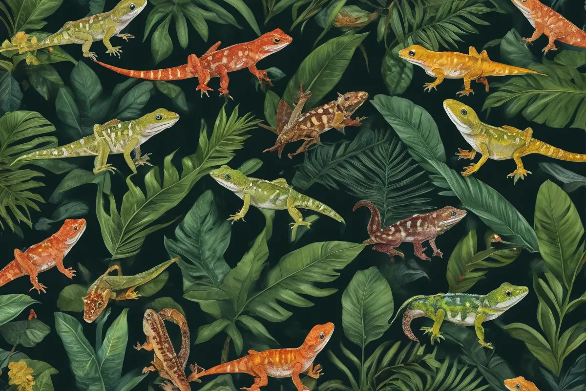 Un mural con geckos con imágenes tropicales de 15 especies y información sobre cada una