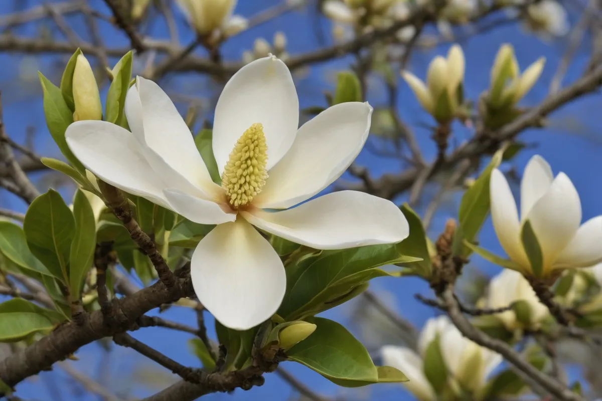 Una foto de una flor de magnolia con manchas amarillas en una página web