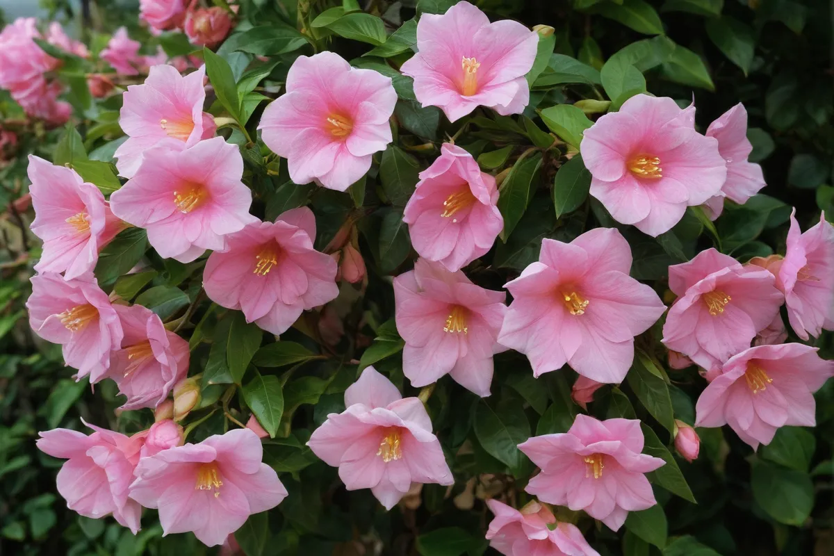 **Papel pintado de Bignonia Rosada: plantas de escalada con flores de bignonia.** Heres why:* **Papel pintado de Bignonia Rosada**: Wallpaper featuring Pink Bignonias. This was the key element so we did not change its meaning * **plantas de escaladofcon flores de bignonia** : Climbing plants, showing Bignonia blossoms