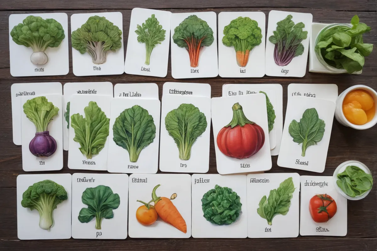 **Verduras vibrantes y verdes para un jardín, flashcards para aprender nombres.**