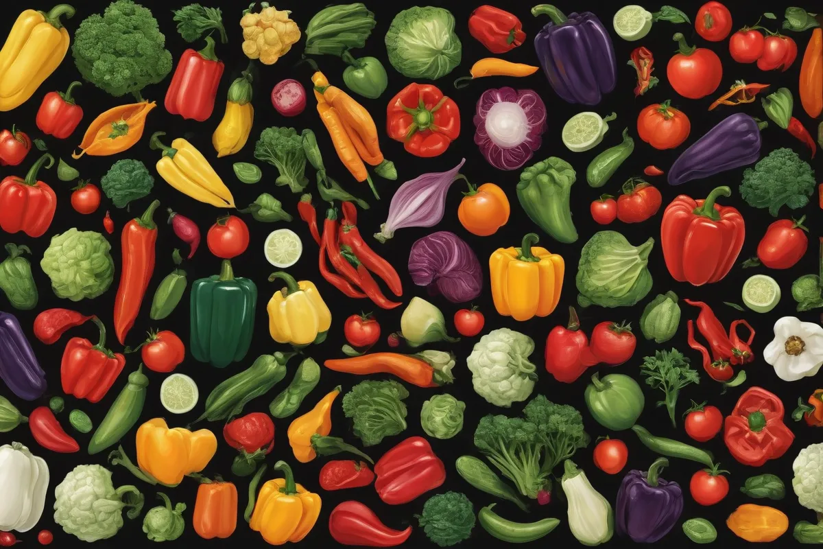 Imagen de colores alfabética de vegetales y chiles. (Image in color alphabetical listing of vegetables and chili peppers.)