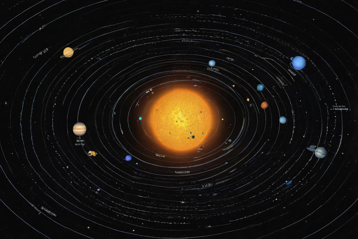 Un mapa de estrellas muestra el sistema solar, incluyendo al Sol y sus planetas