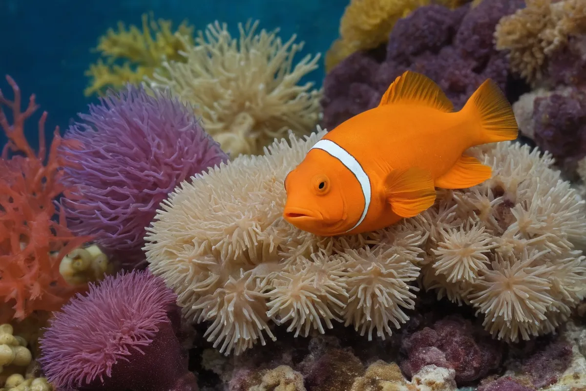 Peces coloridos, corales y cucurucuras marinas en un fondo multicolor