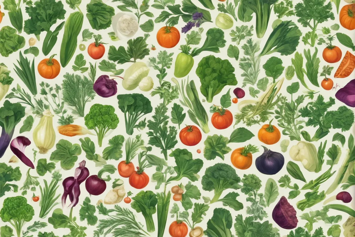 Ilustraciones abstractas de verduras e herbáceas, clasificadas alfabéticamente