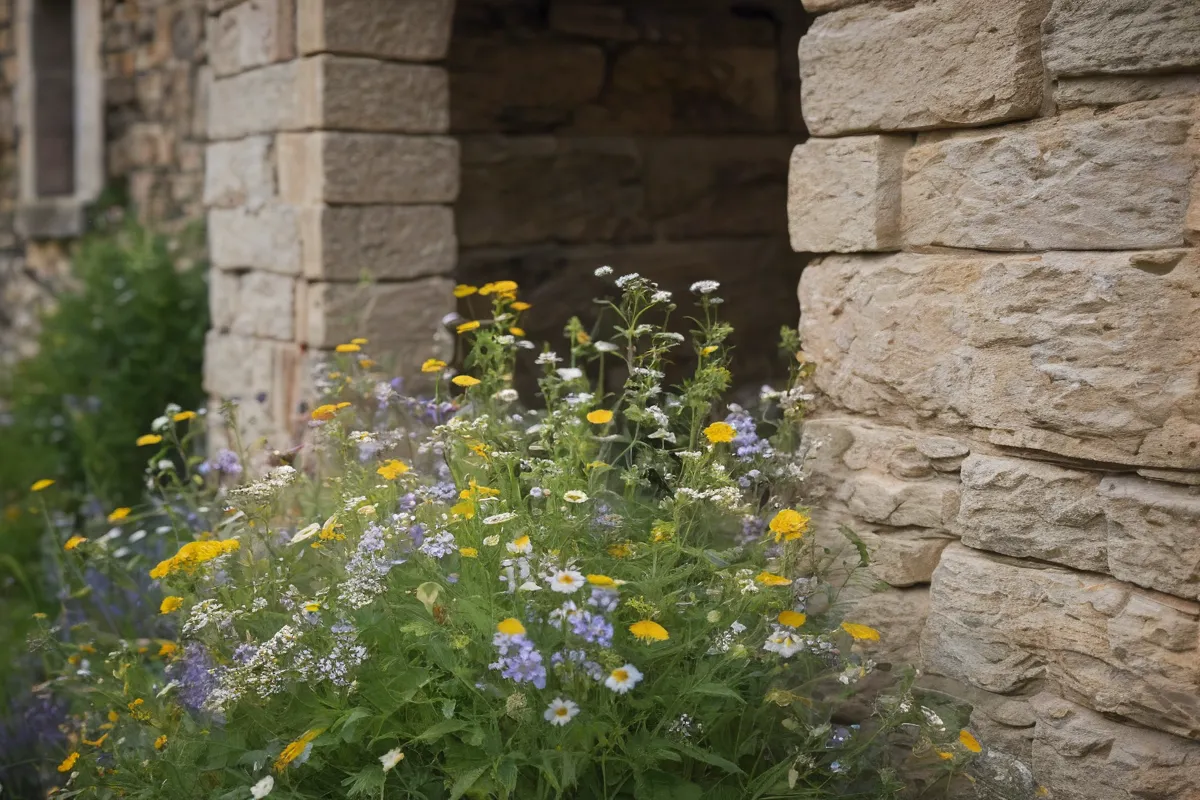Una foto de detalle con flores silvestres, piedra y detalles arquitectónicos