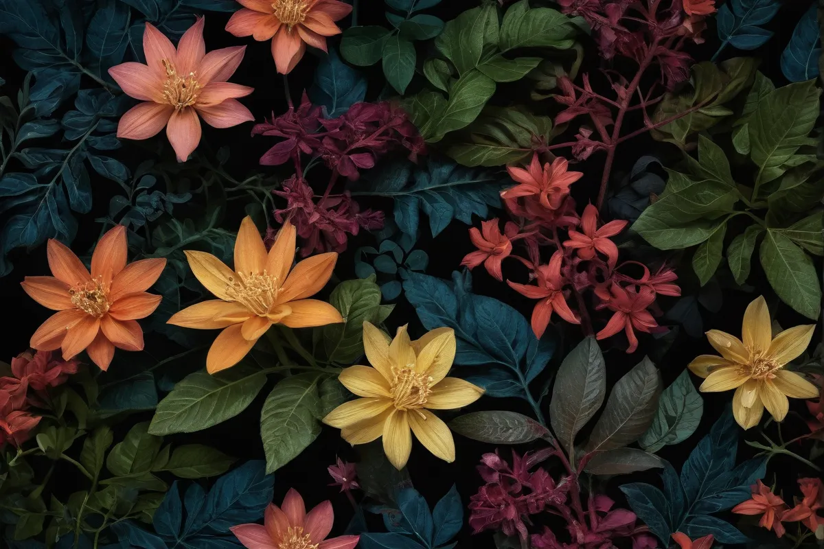 Una imagen colorida con detalles de plantas, hojas y flores destacadas en un fondo oscuro