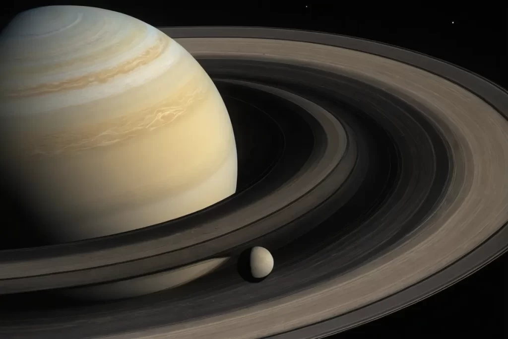 Un mural de Saturno con sus anillos y lunas fascinantes
