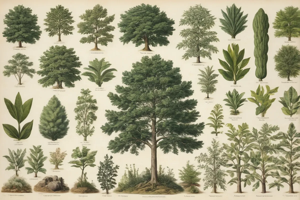 **Una ilustración botánica de árboles para cultivar.** (A botanical illustration of trees for cultivation.)