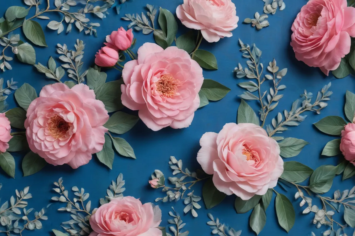 Flores rosadas, diseño de ciruelas y colores azules vibrantes