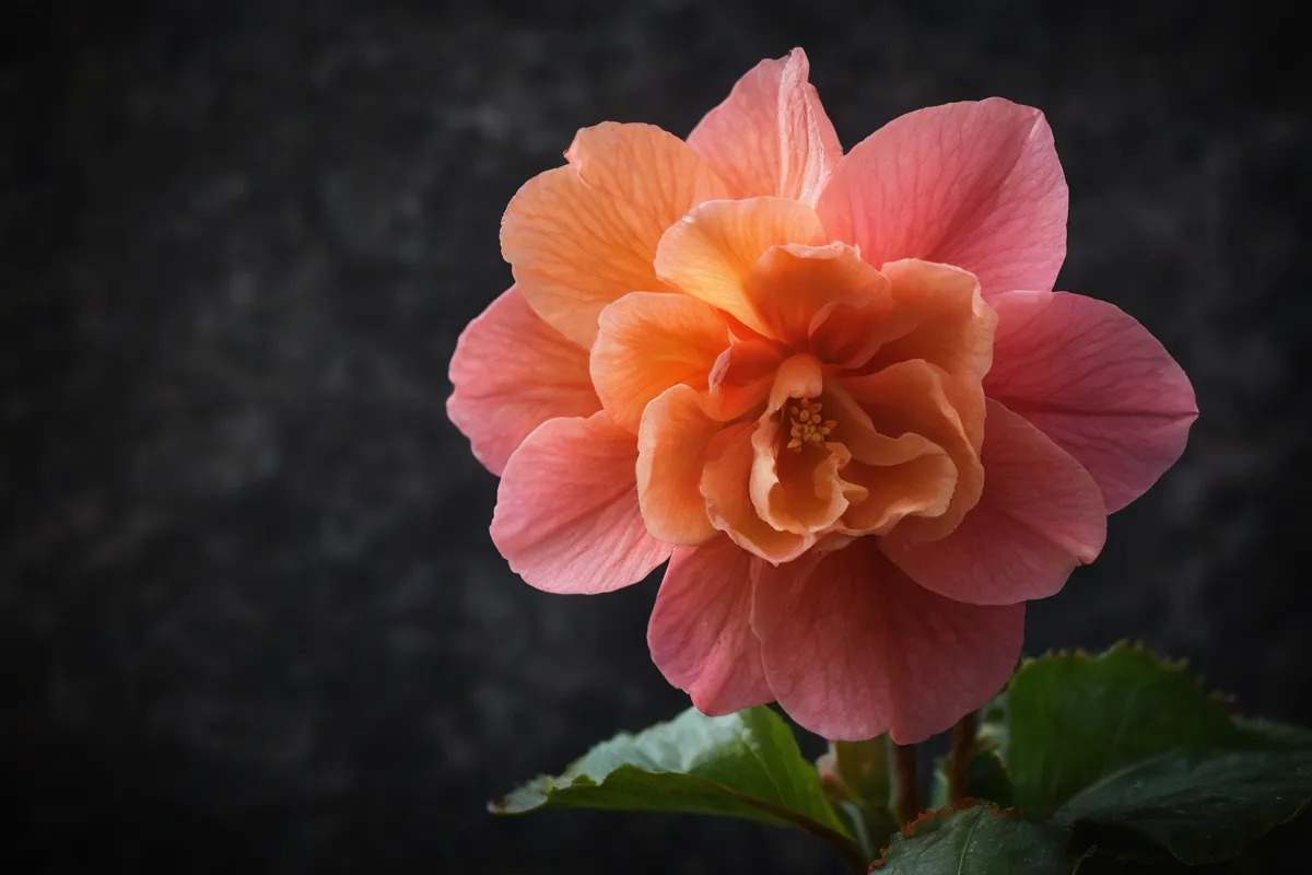Flor de begonia vibrantly coloreada sobre un fondo oscuro y texturado
