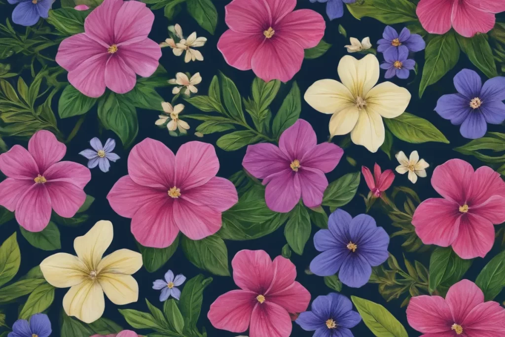 Diseños florales con flores de vinca vibrantes y texto con historia e origen