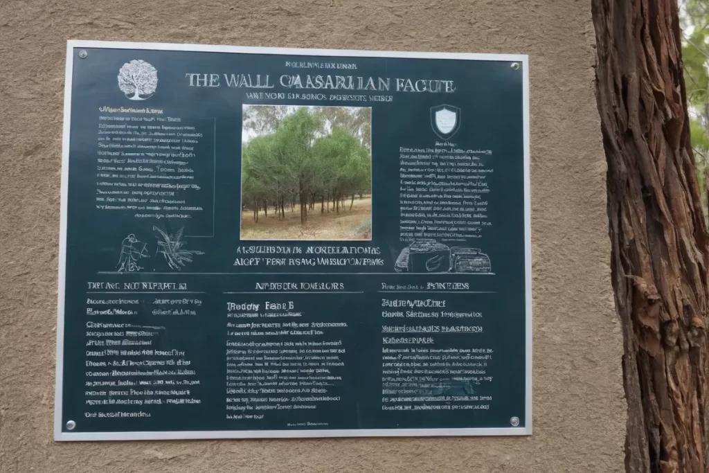 La pared presenta casuarinas y información sobre el pino australiano