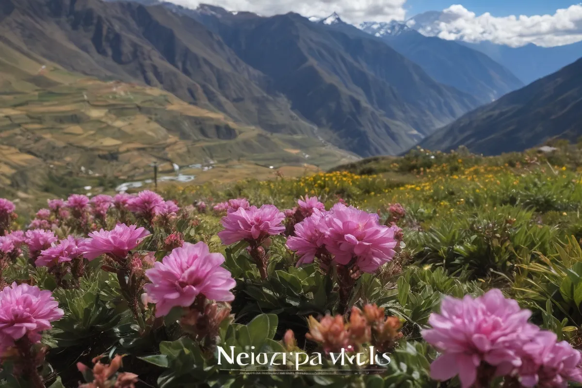 Papel pintado con una imagen de paisaje andino detrás de flores, con texto mejorana y enlaces web