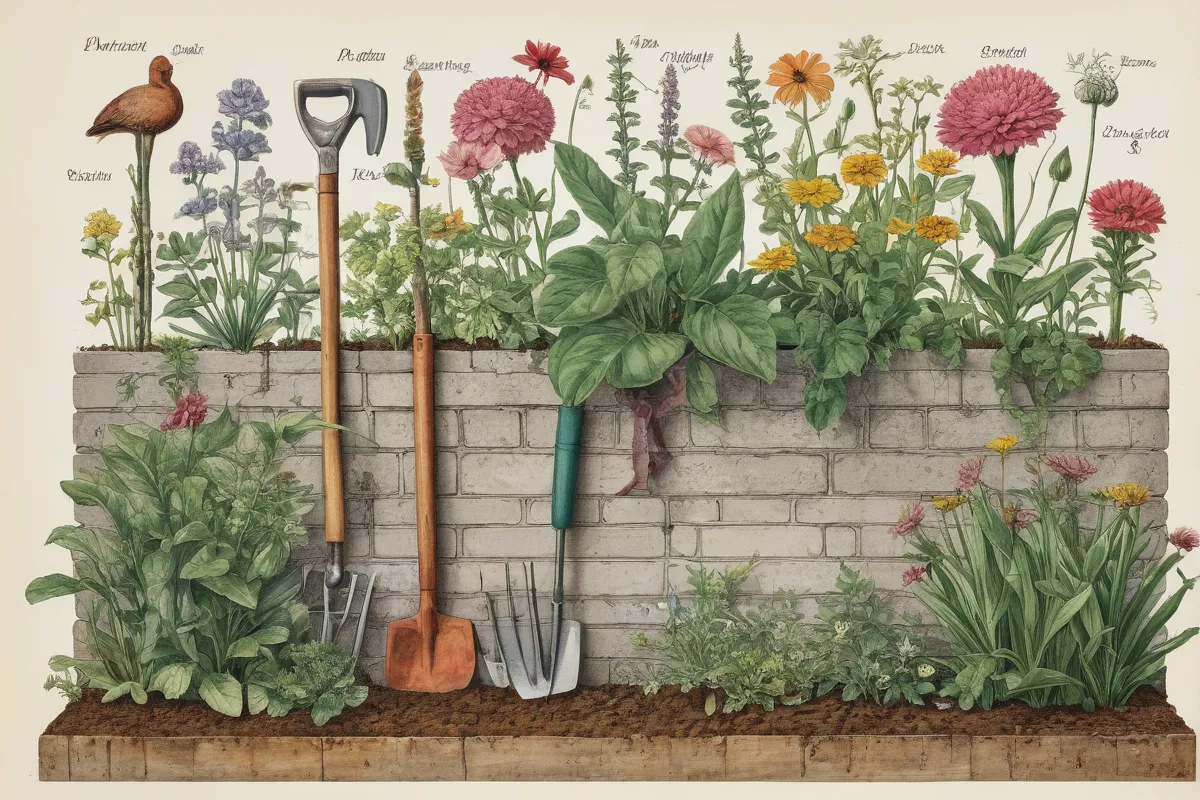 Un dibujo botánico de una pared con jardín, con plantas, flores y herramientas