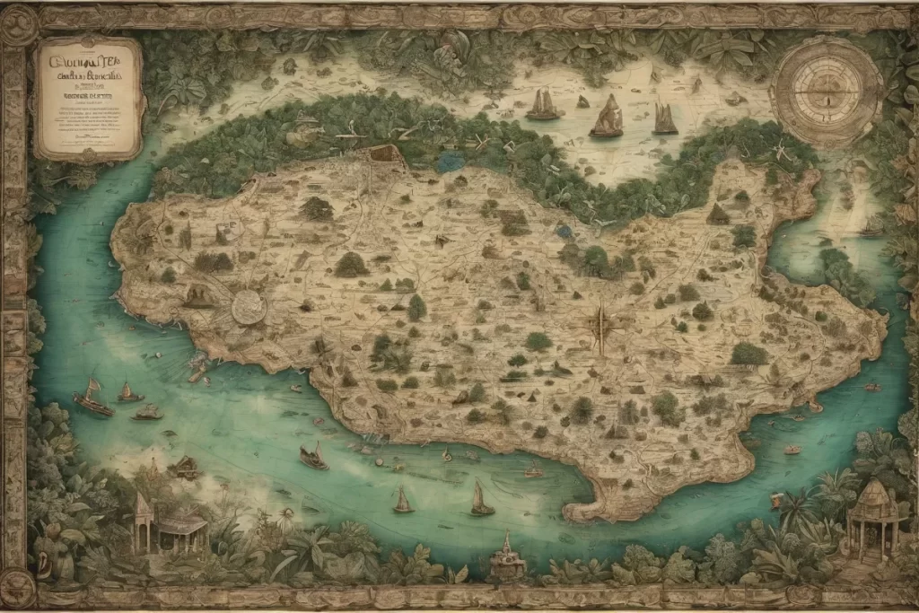 Un mapa vintage de bosques puertorriqueños revela tesoros ocultos y símbolos mayas