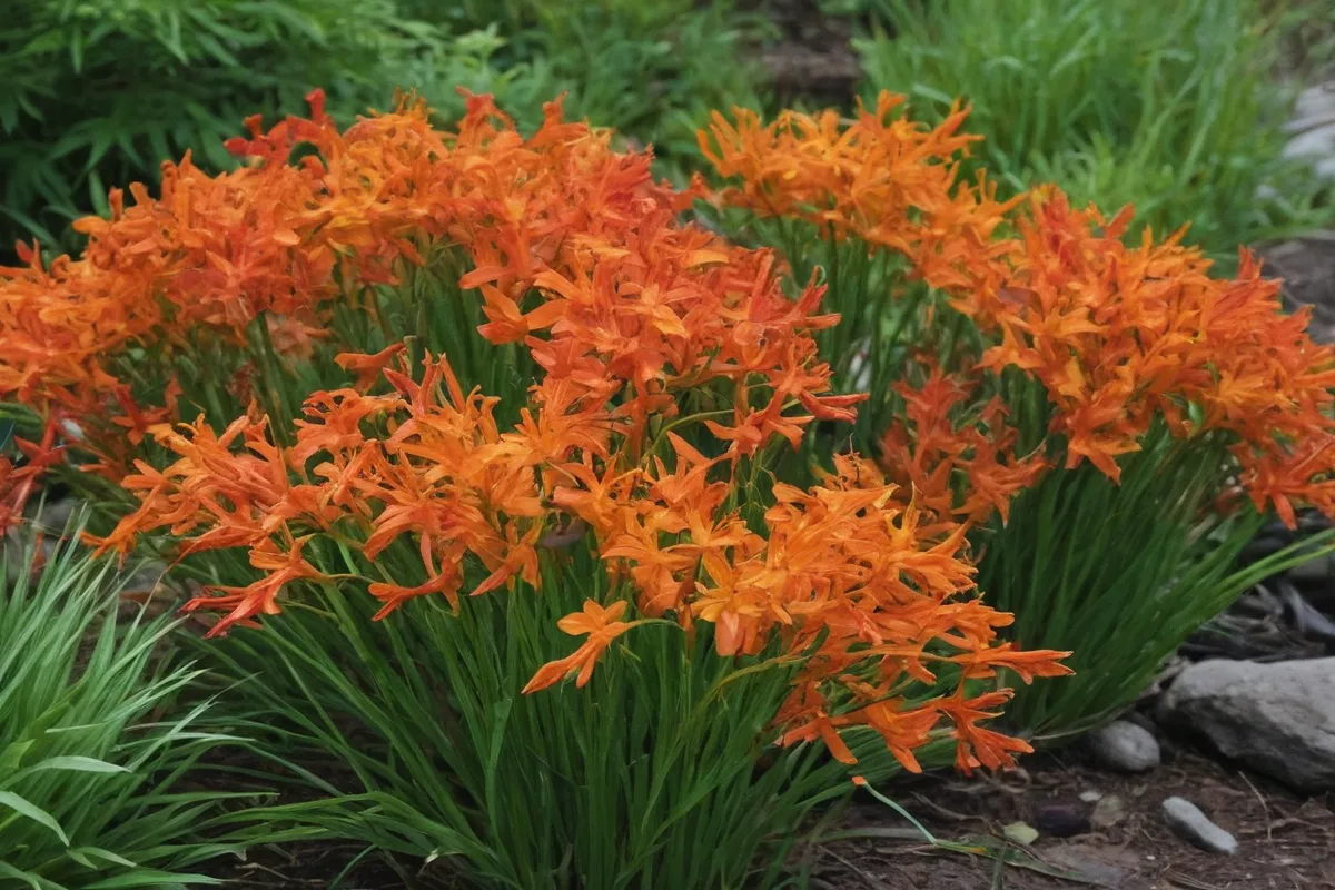 Las crocosmis colores vibrantes, de tipo de planta alpina que recibe su nombre de hermosos álamos