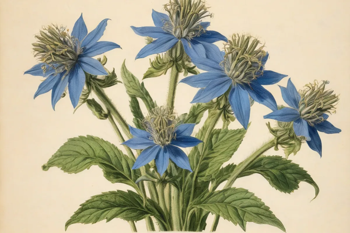 Imagen de una ilustración botánica de *Borago officinalis* vintage