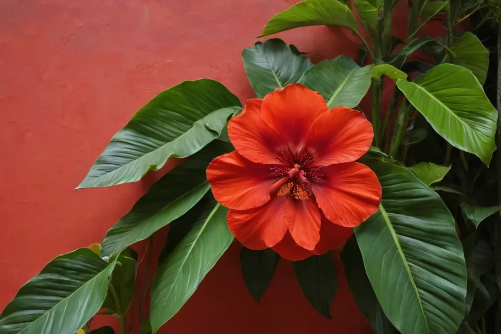 Una flor roja palpitante decoraba una pared con un retrato de fruta tropical