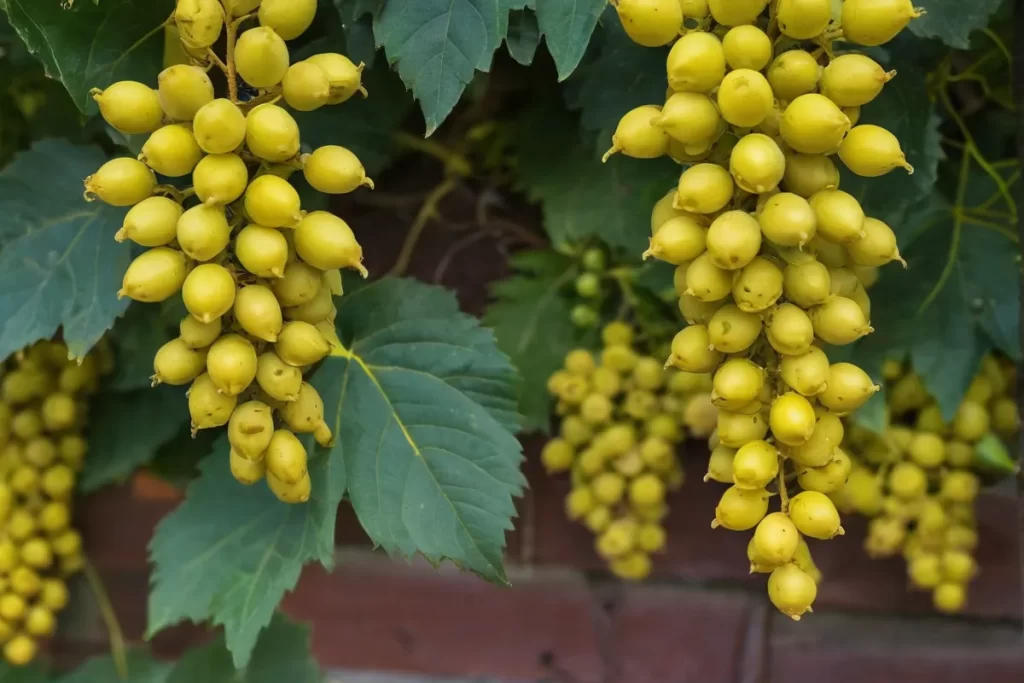 El jardín con zarzamora y uvas de colores vibrantes. *Translation:* The garden with bright mahonia and vibrant Oregon grapes