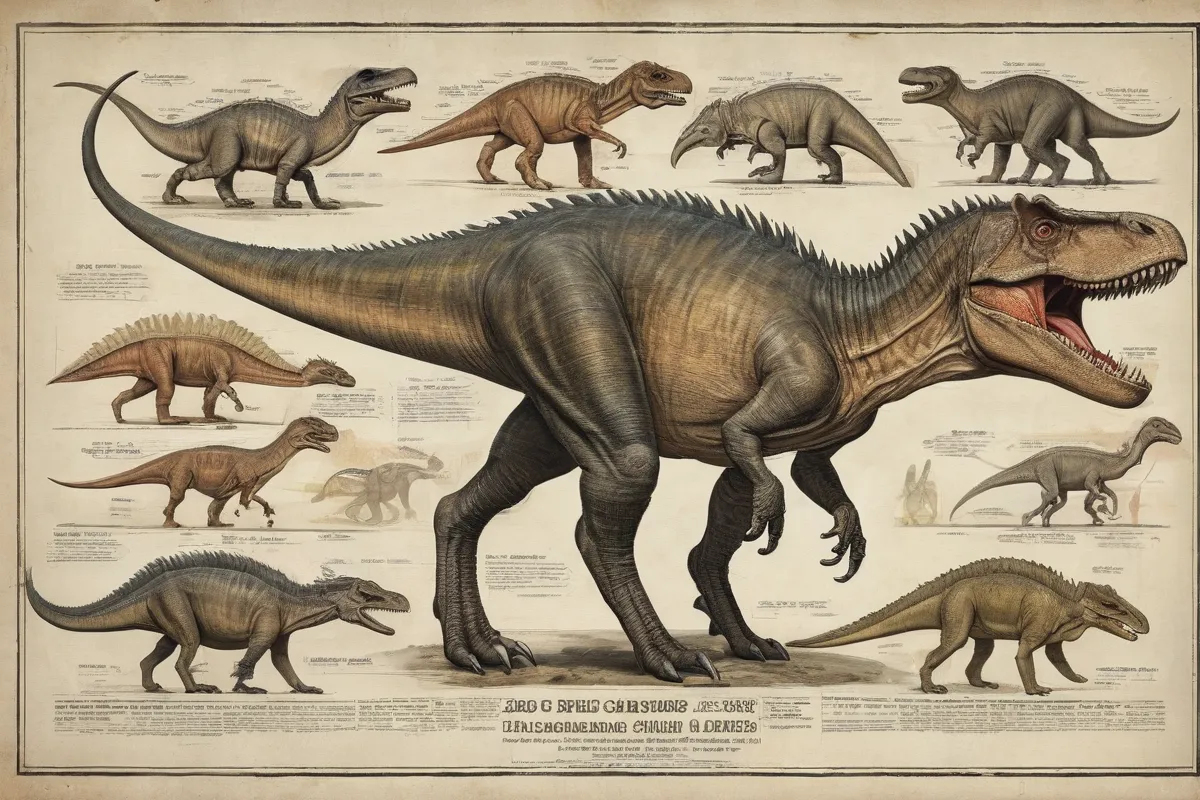 Cartas de dinosaurios depredadores del Mesozoico en una impresión antigua