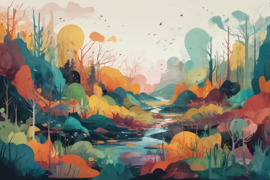 El arte abstracto representa ecosistemas con formas y colores representando la adaptación de organismos vivos a estos ambientes
