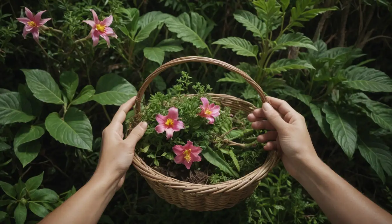 Illustrations of Incarvillea flowers, leaves, stems, and roots surrounded by lush greenery, with a subtle background hinting at traditional medicine practices or cultural settings, perhaps featuring hands holding plants, baskets, or ritualistic objects