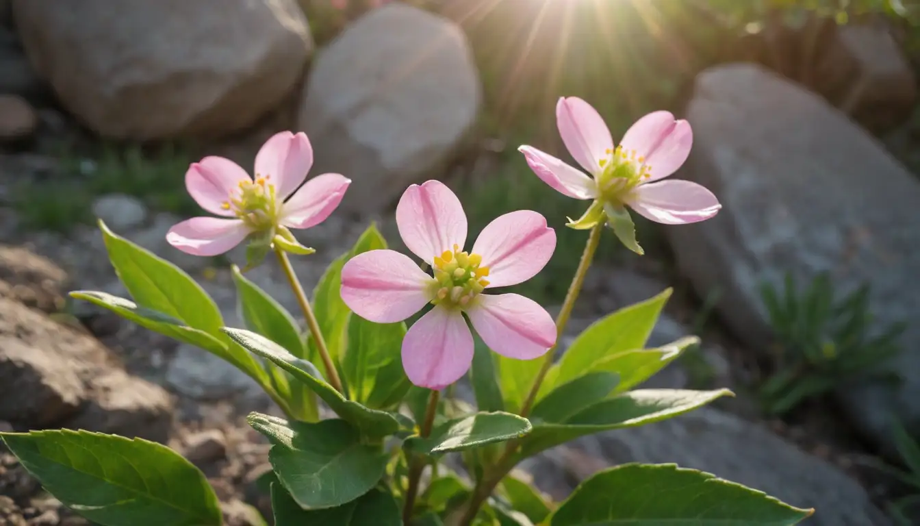 Delicate, pink flowers with five petals, long stem, green leaves, small yellow fruit, natural background, possibly rocky terrain or grassy area, soft focus, morning sun