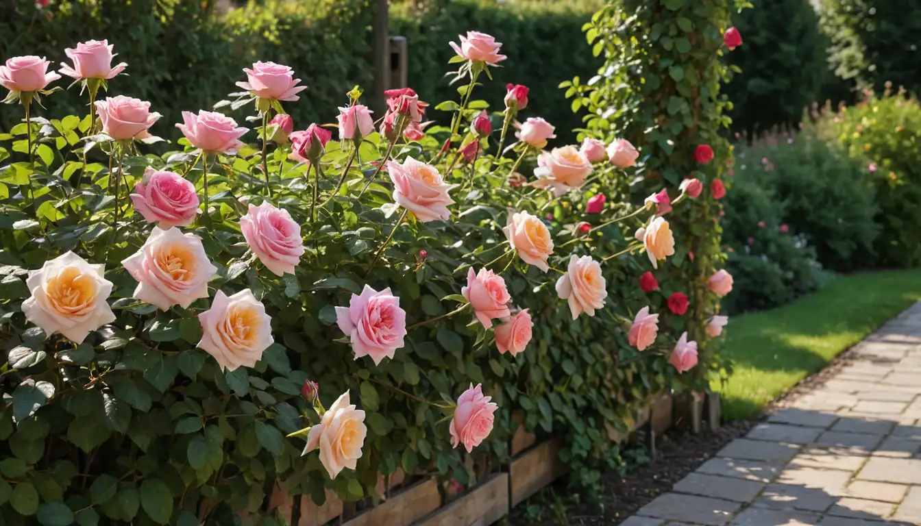 Roses in various stages of growth, with some stems wrapped around trellis or stakes, lush green leaves, and vibrant flowers in shades of pink, yellow, and red, a gardener or person handling roses in background, warm sunlight casting gentle shadows, gardening tools nearby, rustic wooden background or natural stone wall