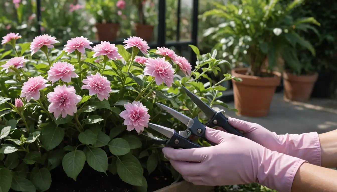 3-5 main plants with multiple stems, soft pink flowers, green foliage, pruning shears nearby, gardening gloves optional, natural setting with sunlight or a greenhouse background, subtle texture and shadows to emphasize details