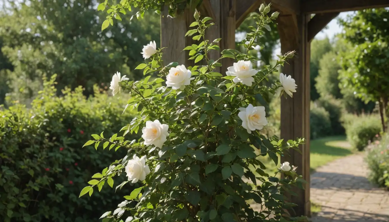 1 stem rosebush with multiple blooms, lush green leaves, and a rustic or natural background, possibly with a trellis or archway, with some sunlight and gentle shadows, featuring a main stem with budding flowers in various stages of growth