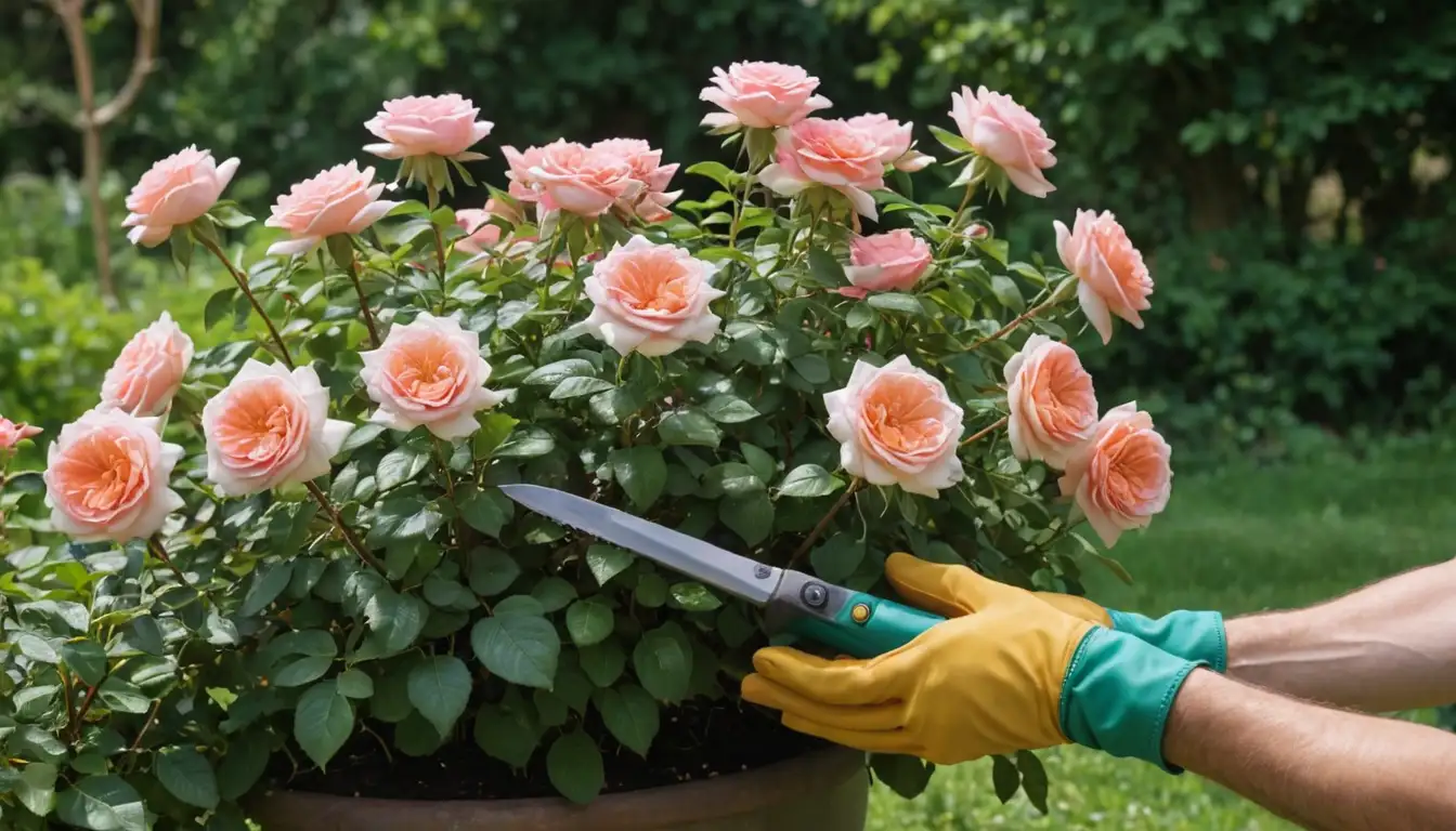 blossoming rose bush, greenery, soil, pruning tools, smiling gardener, sunny garden scene, floral arrangement, gardening gloves, natural environment, blooming flowers, healthy plant growth, lush foliage, vibrant colors