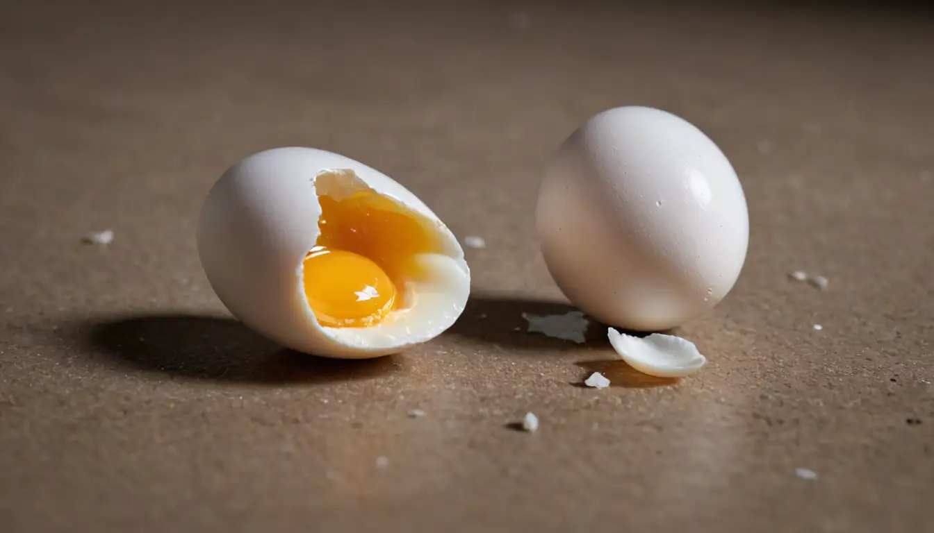 2 eggs, one with a small chip or splinter removed, another with an inserted fragment of eggshell or shell chips, showing difference in sizes, texture, and shape