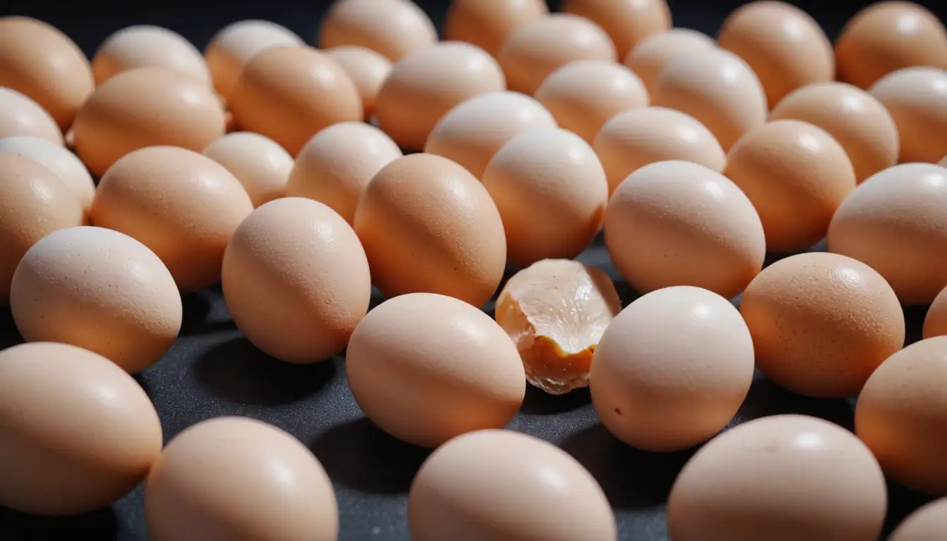 2D or 3D representation, eggs, chicken embryo, small pieces of shell, embryonic development stages, close-up shots