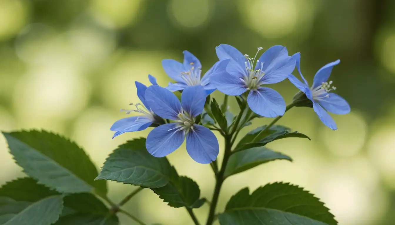 A delicate blue flower with five petals, against a light green leafy background, showcasing plumbagos slender stems and wispy foliage, with a hint of sunlight casting gentle shadows