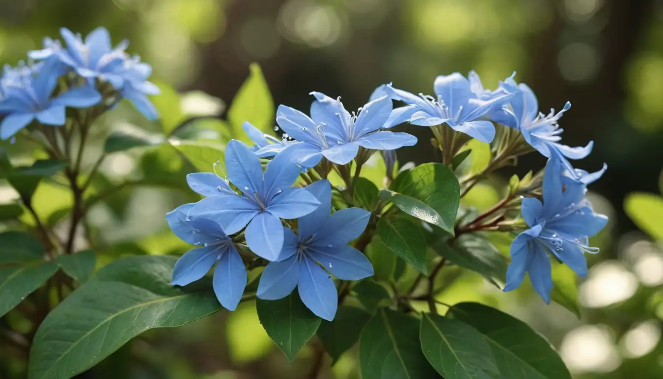 3D rendering of blue plumbago flowers with delicate petals and stem against a bright green leafy background, surrounded by soft focus foliage, subtle sunlight filtering through