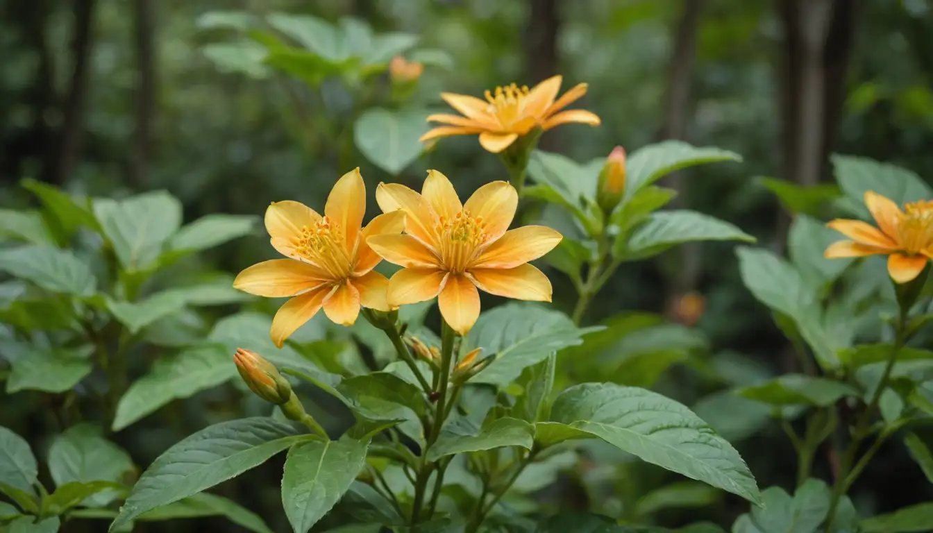 Vibrant orange-yellow blooms with five-petaled flowers, delicate white stamens, and yellow centers on a bright green stem against a sunny or cloudy sky, surrounded by lush leaves, possibly with a blurred background of lush foliage, with some subtle texture to suggest the softness of the petals