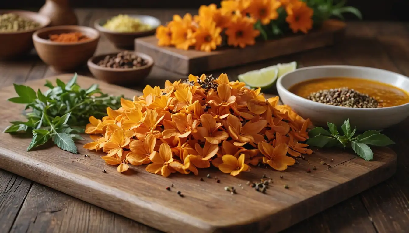 Vibrant orange flowers, delicate petals, warm golden light, Indian-inspired culinary setting, rustic wooden boards, fresh ingredients, aromatic spices, lush greenery, inviting aromas