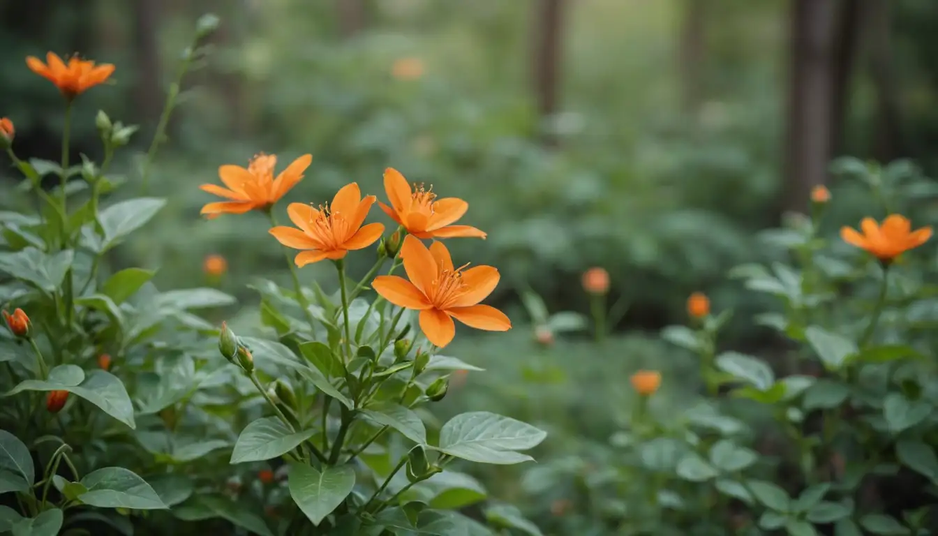 Bright orange flowers, delicate petals, stems with small green leaves, natural setting, outdoor scenery, serene atmosphere