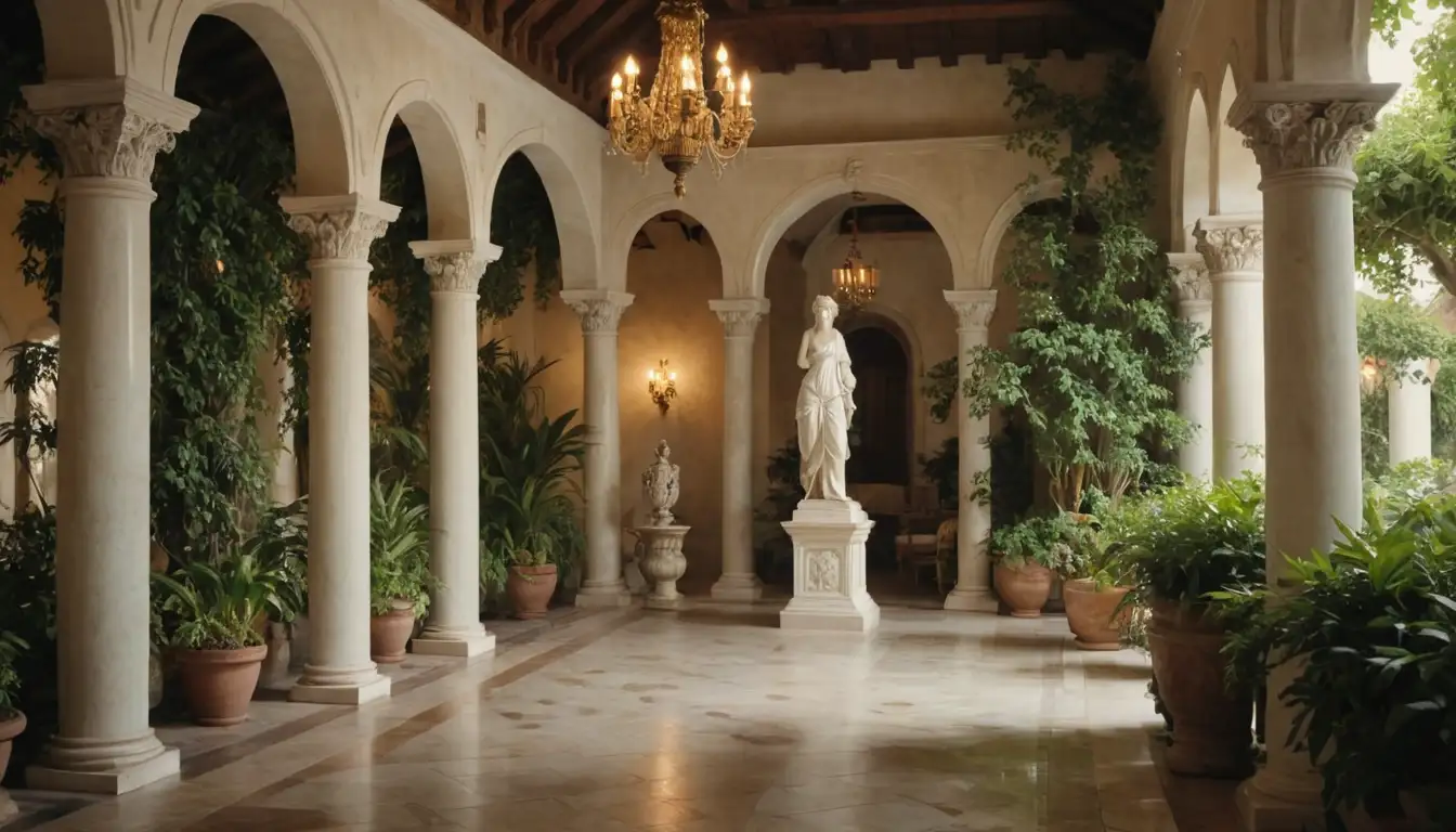 18th-century Spanish architecture, ornate courtyard, lush greenery, white marble statues, jasmine vines wrapping around columns, soft golden light, warm ambiance, elegant chandeliers, lavish fabrics, antique furniture, vintage decor