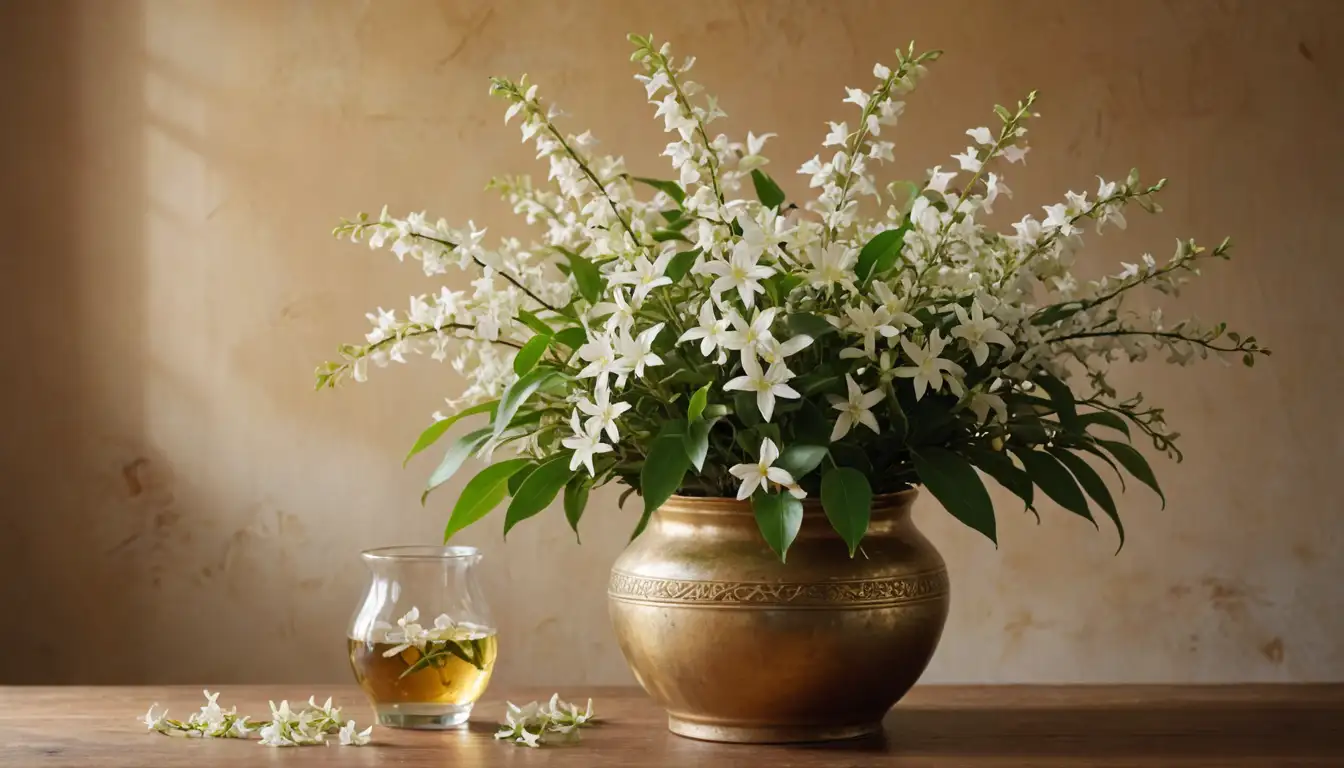 Floral arrangement with delicate white jasmine flowers, Spanish flag colors, warm golden light, elegant vase or container, rustic background, natural textures